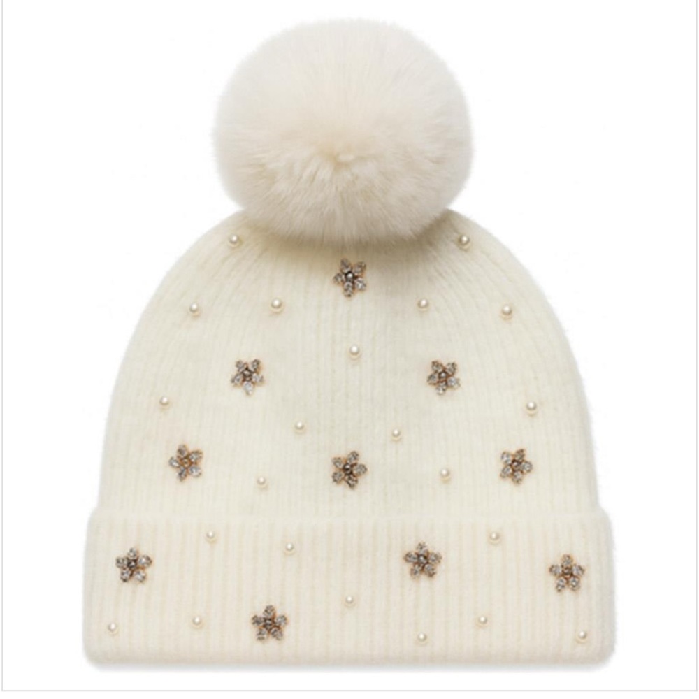 Elegant Ivory Beanie with Pom-Pom and Floral Accents